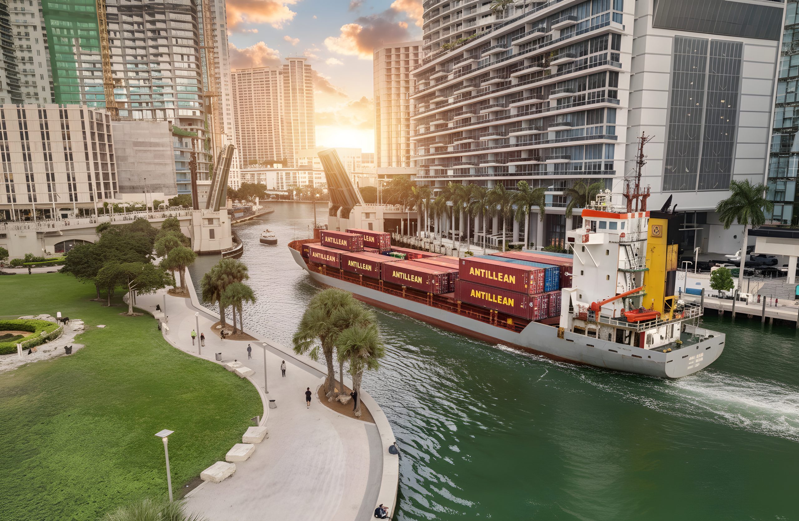Antillean cargo vessel sailing on the Miami River providing ocean freight and Caribbean shipping services from Miami.